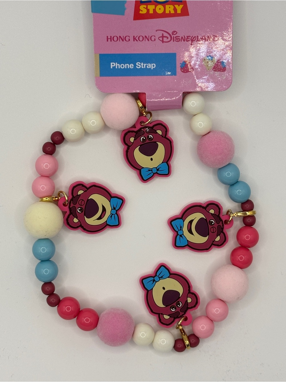 HK Disneyland Toy Story Pink Lotso Bear Phone Strap - Pink/Blue Beaded Charm